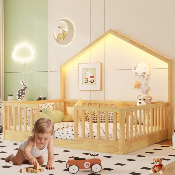 Mirightone Full Floor Bed Frame with LED Light & High Guardrail, Pine Wood Montessori Bed Full Size House Floor Bed, Slats Included (Natural)