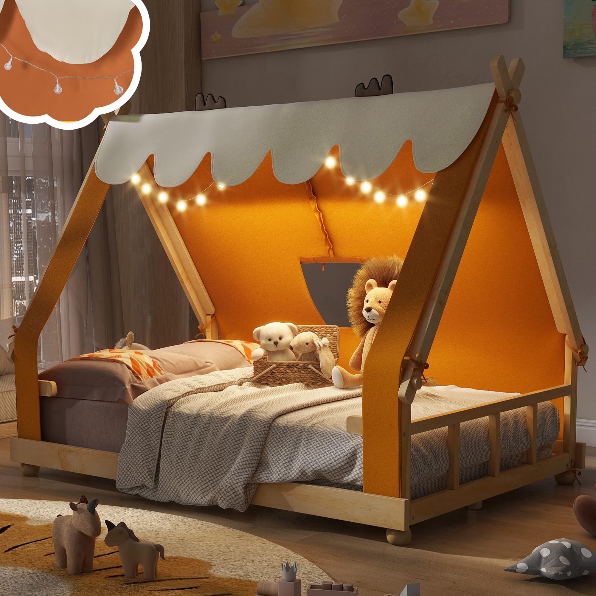 Mirightone Full Floor Bed Frame with Light, Full House Bed with Tent, Floor Bed Full with Slats, Brown + Natural