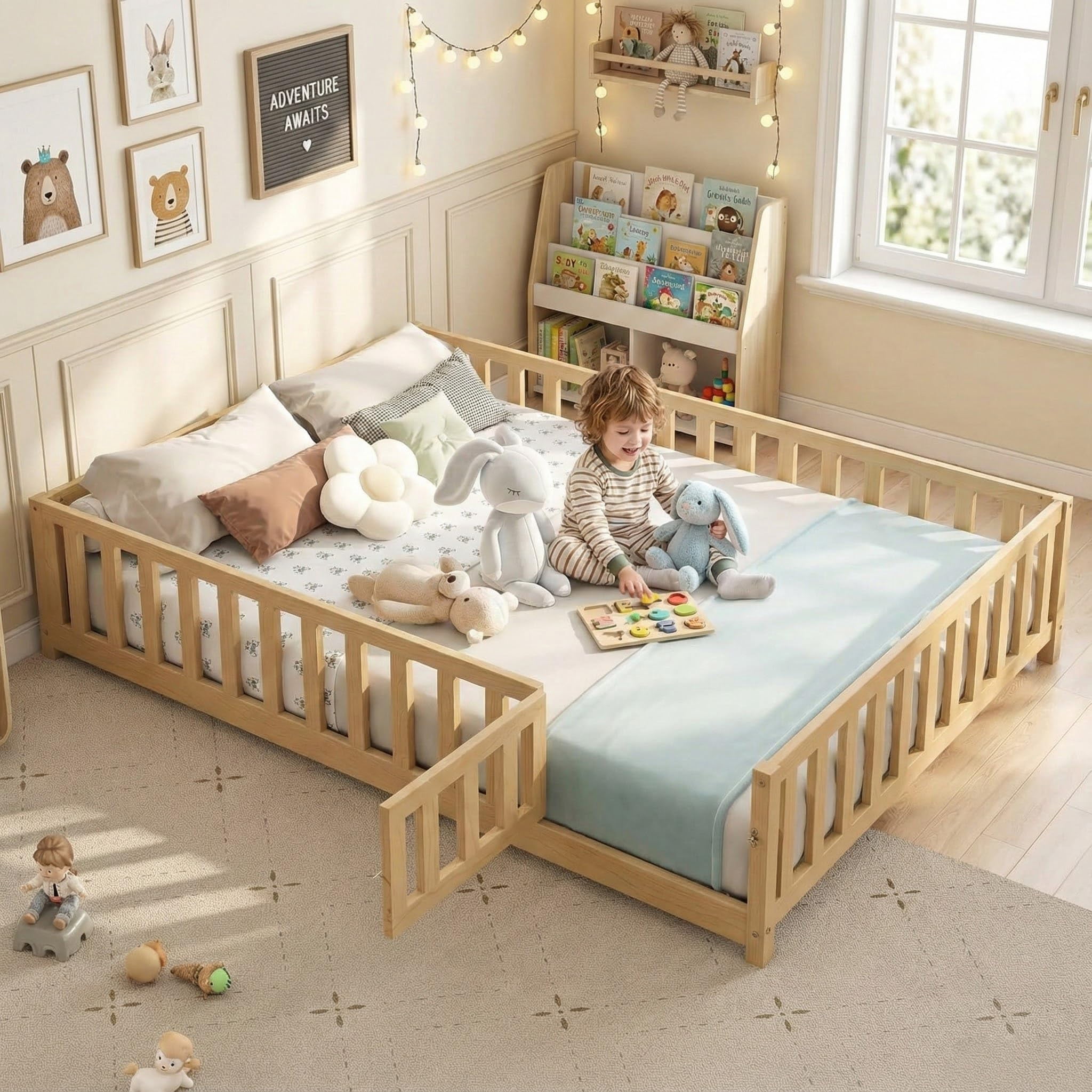 Mirightone Full Floor Bed with Rails and Door, Montessori Floor Bed with Support Slats,No Box Spring Needed, Natural