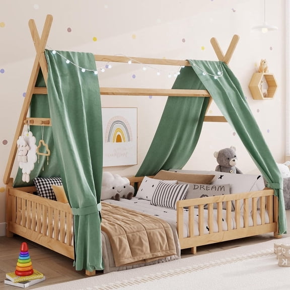 Mirightone Full House Floor Bed with Rails and Removable Roof, Wood Teepee Montessori Bed with LED Light and Slats - Natural