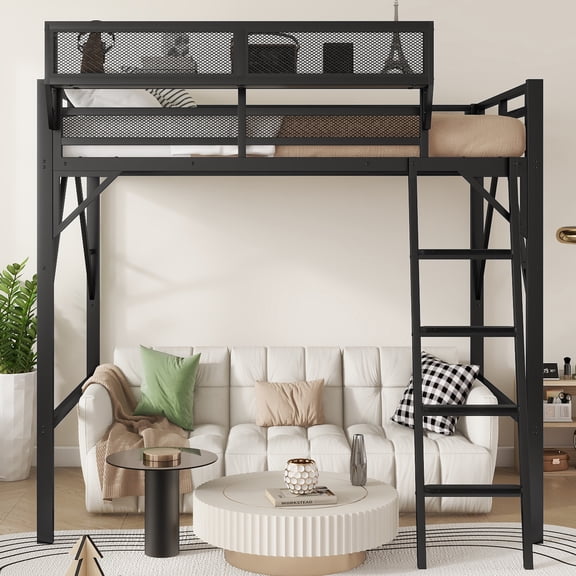 Mirightone Full Loft Bed with Shelves & Ladder, Metal Loft Bed Frame with Safety Guardrail for Adults, Teens, Black