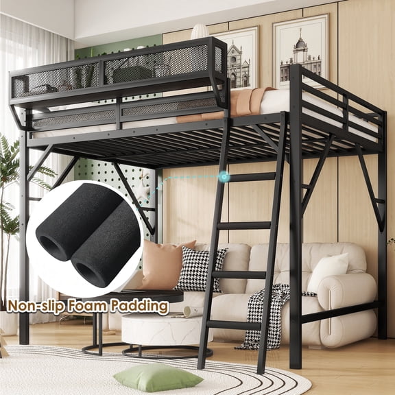 Mirightone Full Loft Bed with Shelves & Ladder, Metal Loft Bed Frame with Safety Guardrail for Adults, Teens, Black