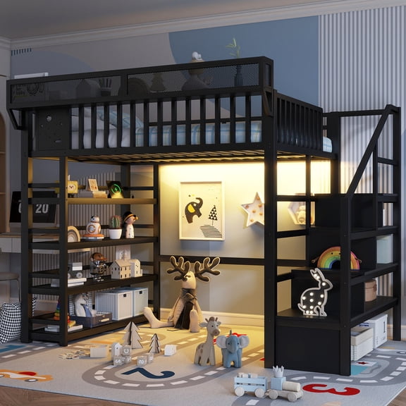 Mirightone Full Loft Bed with Stairs and 4 Shelf Storage Rack, Bedside Shelf, RGB Light, Charging Station – Black