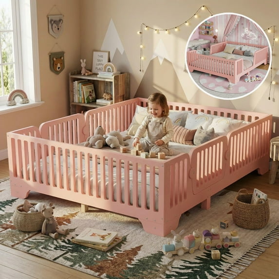 Mirightone Full Montessori Bed with Rails and Doors, Wood Bed Frame Full with Slats, No Box Spring Needed, Pink