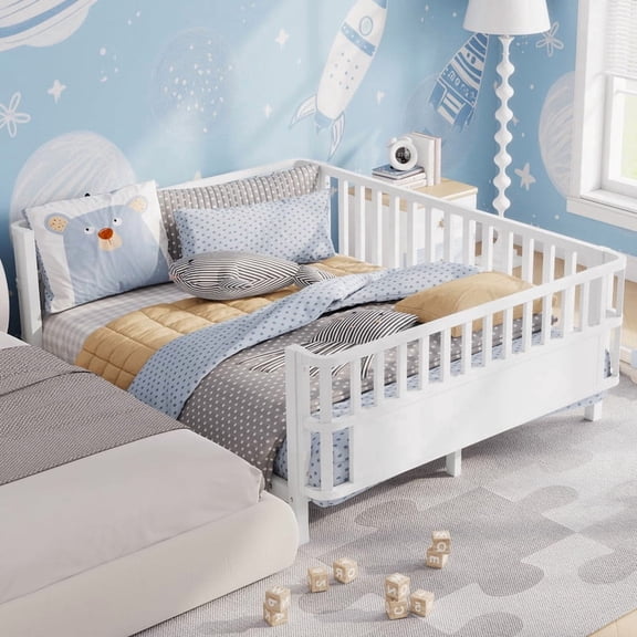 Mirightone Full Montessori Floor Bed, Metal Platform Bed Frame with Safety Guardrails, Low to Ground Bed for Bedroom Nursery, No Box Spring Needed, White