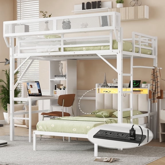 Mirightone Full Over Twin Bunk Bed with Desk, Storage, LED Light & Charging Station, Detachable Metal Bunk Bed, Industrial White