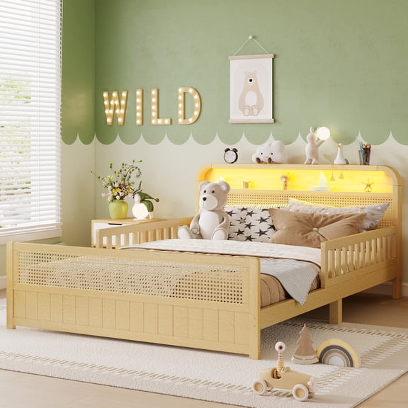 Mirightone Full Platform Bed with Storage Headboard & LED Lights – Montessori Full Bed with Rail, Boho Rattan Bed Frame, Wood Platform Bed with Safety Guardrails for Bedroom (Natural)