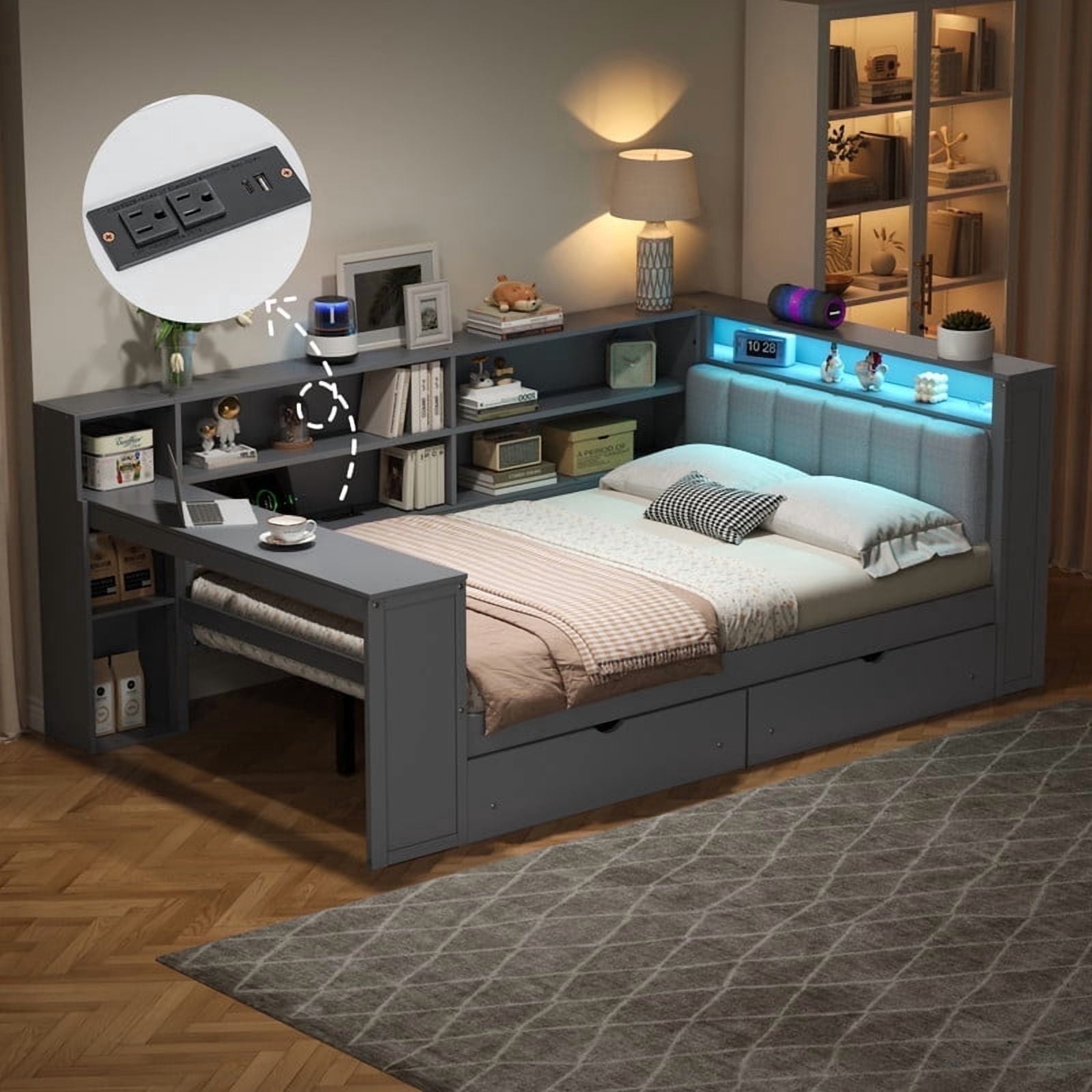 Mirightone Full Platform Bed with Desk and Storage, Wood Daybed with Charging Station, Upholstered Headboard & Light for Teens Adults, Grey