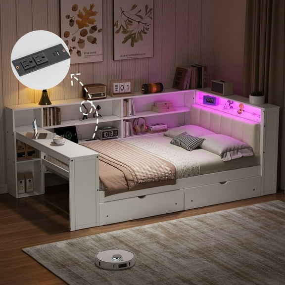 Mirightone Full Platform Bed with Desk and Storage, Wood Daybed with Charging Station, Upholstered Headboard & Light for Teens Adults, White
