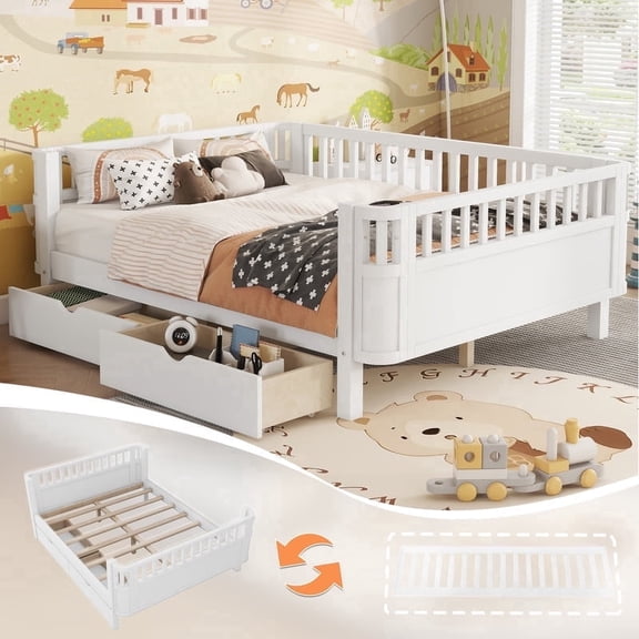 Mirightone Full Size Bed Frame with Detachable Rails, Low Profile Platform Bed with 2 Storage Drawers, Solid Wood Bed with Headboard & Footboard (White)