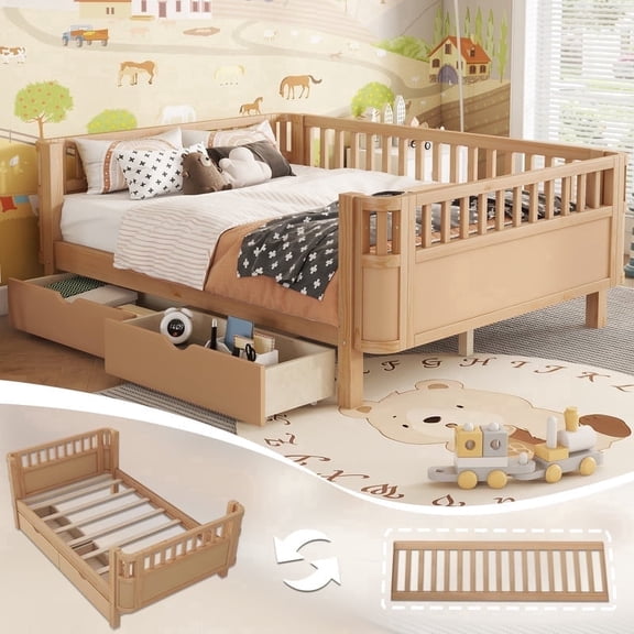 Mirightone Full Size Bed Frame with Detachable Rails, Low Profile Platform Bed Daybed with 2 Storage Drawers, Solid Wood Bed with Headboard & Footboard （Natural）