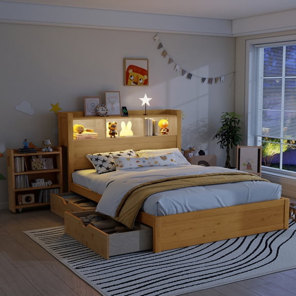 Mirightone Full Size Bed Frame with Storage Headboard, LED Light & Charging Station, Full Platform Bed with 2 Storage Drawers, Sliding 3-Tier Shelf, Wood Platform Bed with Storage (Natural)