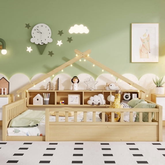 Mirightone Full Size Floor Bed with Storage Bookshelves, Wooden Montessori Bed Frame with Light, Roof Shape & High Safety Rails, Low Profile Beds, No Box Spring Needed, Natural