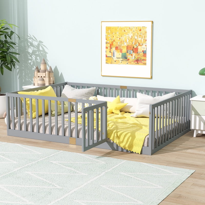 Mirightone Full Size Floor Bed, Wood Montessori Floor Beds with High Fence Railings, Door & Slats Support, Full Playhouse Bed Frame, No Box Spring Needed, Grey