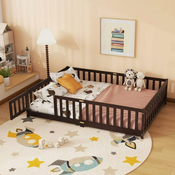 Mirightone Full Size Floor Bed, Wood Montessori Floor Beds with Fence Railings, Door & Slats Support, Twin Playhouse Bed Frame, (Espresso)