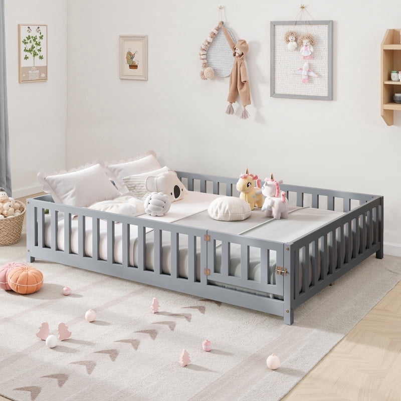 Mirightone Full Size Floor Bed with Guardrails and Door, Low-Profile Full Montessori Bed with Support Slats, Grey