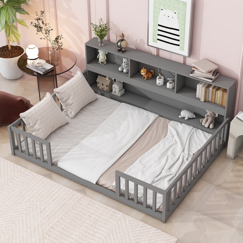 Mirightone Full Size Floor Bed with Rails, Wood Montessori Floor Bed with Bookcase and Shelves, Full Bed Frame, Gray