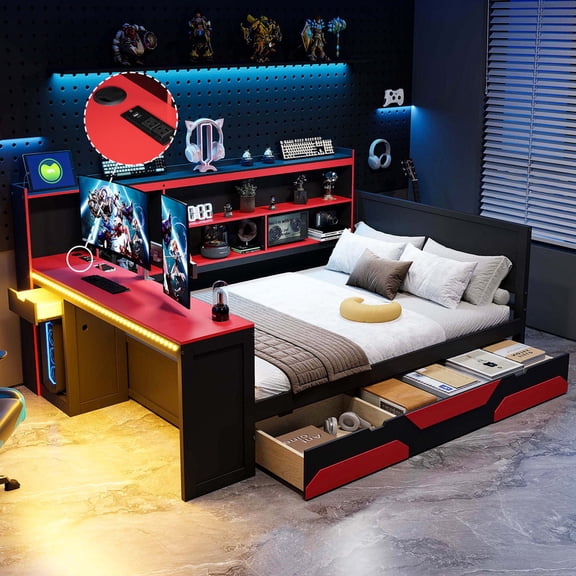 Mirightone Full Size Gaming Daybed with Desk, Light and Charging, Wooden Gaming Corner Bed with Storage Drawers and Bookcase, Daybed for Gamer - Black+Red