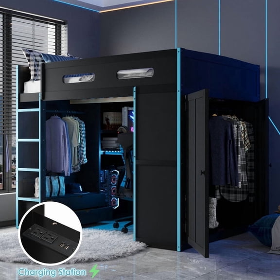 Mirightone Full Size Gaming Loft Bed with Desk, 2 Wardrobe& RGB Light, Wood Loft Bed with Charging Station for Adults & Small Rooms (Black+Blue)