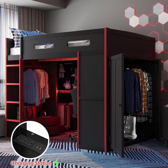 Mirightone Full Size Gaming Loft Bed with Desk, 2 Wardrobe& RGB Light, Wood Loft Bed with Charging Station for Adults & Small Rooms (Black+Red)
