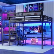 Mirightone Full Size Loft Bed with Stairs, 500 lb Heavy Duty Metal Frame, Storage Shelves & Wardrobe, LED Lights, DIY Grid Panel, Convertible Staircase, Black