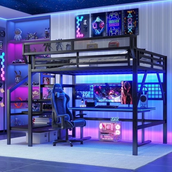 Mirightone Full Size Loft Bed with Stairs, 500 lb Heavy Duty Metal Frame, Storage Shelves & Wardrobe, LED Lights, DIY Grid Panel, Convertible Staircase, Black