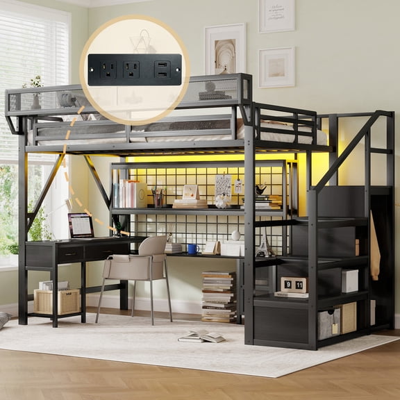Mirightone Full Size Loft Bed with Desk and Stairs, 500 lb Capacity, Convertible Staircase, Metal Loft Bed with Storage, Black