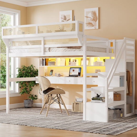 Mirightone Full Size Loft Bed with Desk and Wardrobe, Wooden Loft Bed with Stairs, Charging Station, RGB LED Lights, White