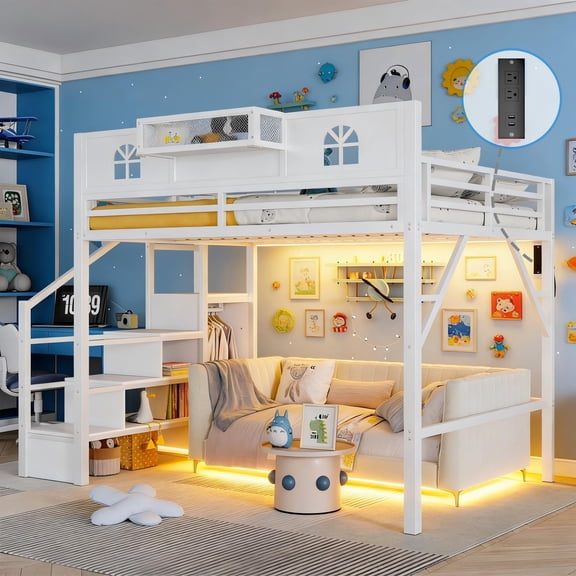 Mirightone Full Loft Bed with Stairs and Storage Shelf, Metal Full Size Loft Bed Frame with Tall Guardrails , High Loft Beds with Wardrobe, LED Light & USB for Teens Adults, White