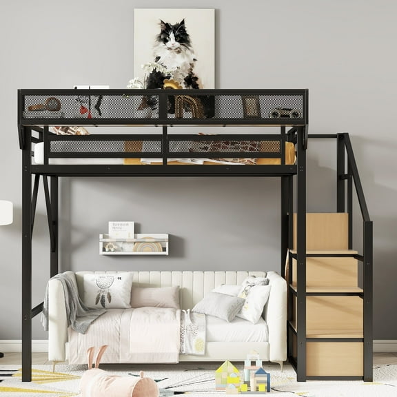 Mirightone Full Size Loft Bed with Stairs & Storage, Metal Loft Bed with Wardrobe & Extended Shelf, Full Loft Bed for Teens & Adults (Black)