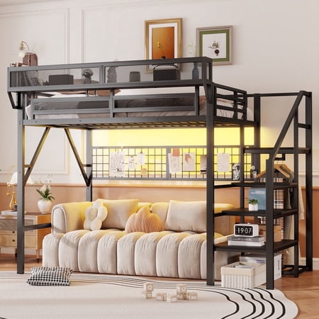 Mirightone Full Size Loft Bed with Stairs, Wardrobe & Lights, Metal Loft Bed Frame with Storage for Teens & Adults (Black)