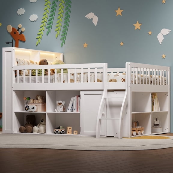 Mirightone Full Size Loft Bed with Storage Cabinet, Wood Low Loft Bed with LED Headboard & Ladder for Bedroom, White