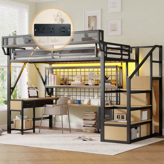 Mirightone Full Size Metal Loft Bed with L-Shaped Desk, 500 lb Capacity, Convertible Staircase, Wardrobe & Shelves, RGB LED Lights, Black/ Natural