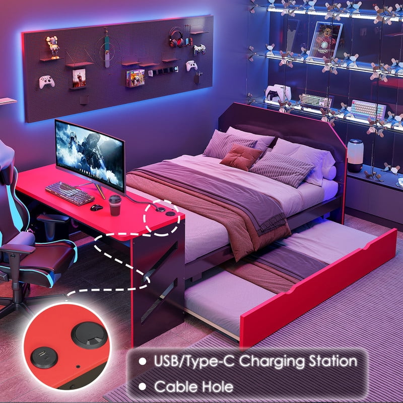 Mirightone Full Size Platform Bed with Desk, Charging Station & Trundle, Cool Red Gaming Style Teens Bed Frame, Space Saving Bed Frame for Teens Bedroom (Black+Red)