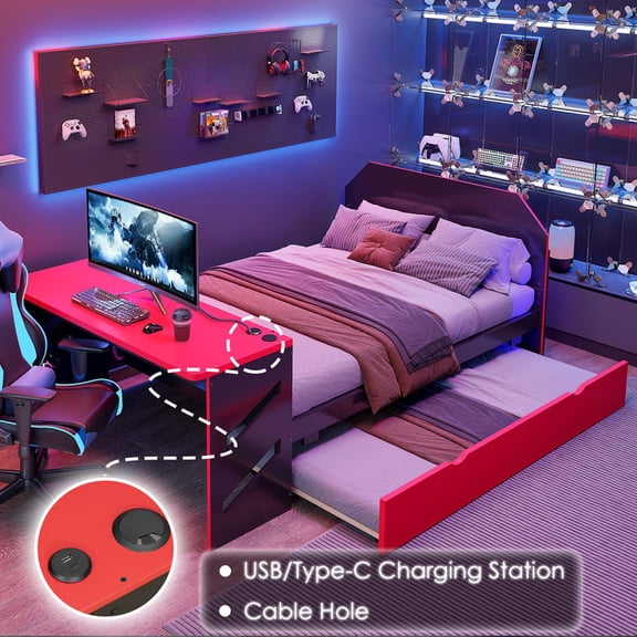 Mirightone Full Size Platform Bed with Desk, Charging Station & Trundle, Cool Red Gaming Style Teens Bed Frame, Space Saving Bed Frame for Teens Bedroom (Black+Red)