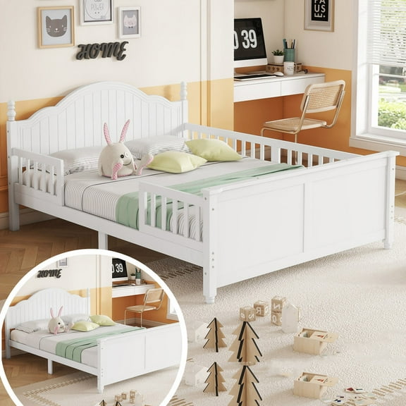 Mirightone Full Size Platform Bed Frame with Detachable Safety Rails, Wood Bed Frame with Slats Support, Headboard & Footboard for Bedroom (White)