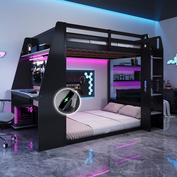 Mirightone Full over Full Bunk Bed with Gaming Desk and Storage Shelves, Full Wooden Gaming Bunk Bed with LED Light & Charging for Gamer - Black+Grey