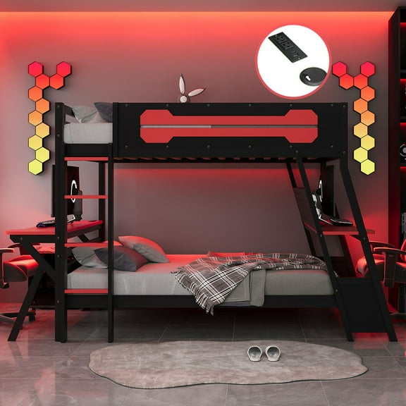Mirightone Full over Full Bunk Bed with Two Gaming Desks, Adult Gaming Bunk Bed with Pegboard, Full Gaming Bunk Bed for Gamer, Red