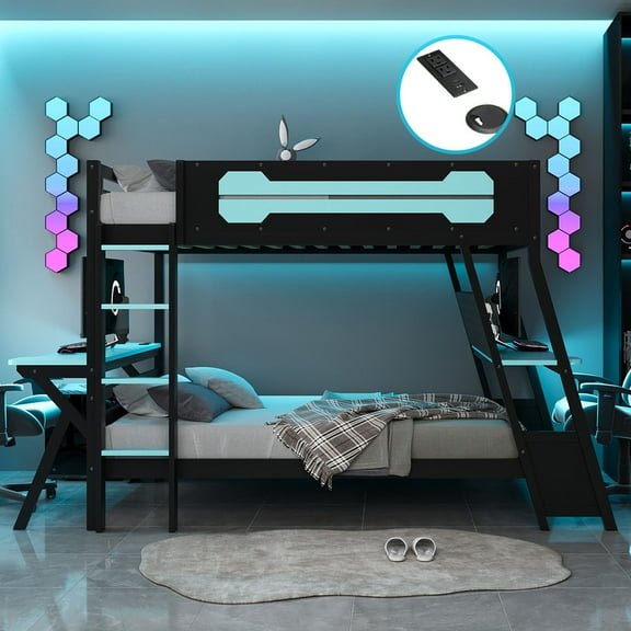 Mirightone Full over Full Bunk Bed with Two Gaming Desks, Gaming Bunk Frame with Pegboard, Full Bunk Bed for Gamer Adult, Cloud Blue