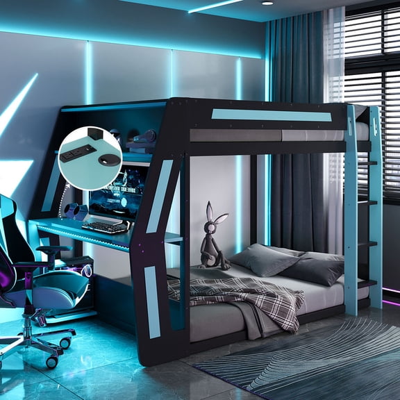 Mirightone Full over Full Gaming Bunk Bed with Desk and Charging, Wood Gamer Bunk Bed with Storage and LED Light for Adults Teens, Cloud Blue+Black