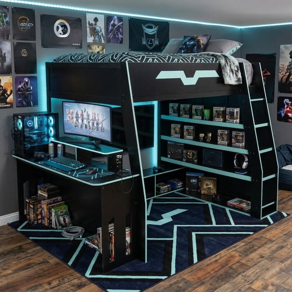 Mirightone Gaming Loft Bed with Desk and RGB Light, Full Size Wood Loft Bed Frame with Storage Shelve and RGB Light, Table with adjustable placement. Cloud Blue