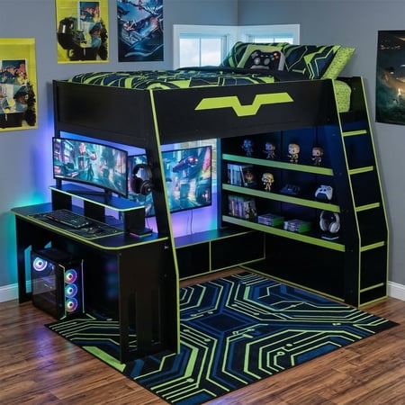 Mirightone Gaming Loft Bed with Desk and RGB Light, Full Size Wood Loft Bed Frame with Storage Shelve and RGB Light, Table with adjustable placement. Green