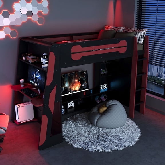 Mirightone Gaming Loft Bed with Desk and RGB Light, Twin Size Wood Loft Bed Frame with Storage Shelve for Teens. (Red)