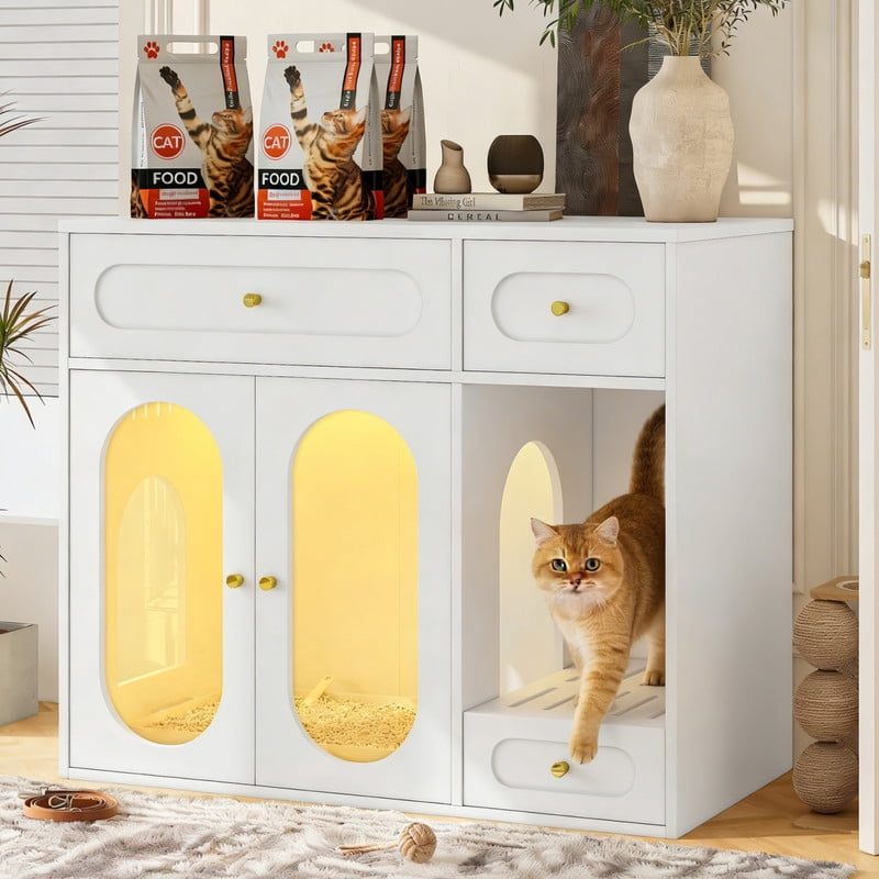 Mirightone Hidden Cat Litter Box Enclosure with Storage Drawer Table, Cat Box Enclosure Furniture with LED Light & Acrylic Doors, Indoor Pet House for Living Room & Entryway, White