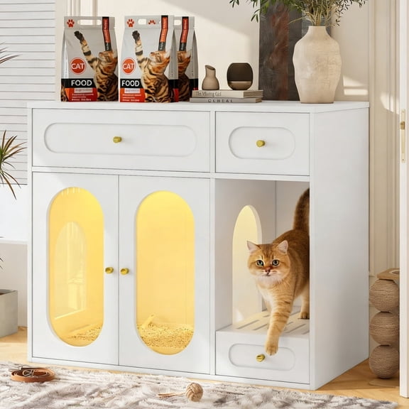 Mirightone Hidden Cat Litter Box Enclosure with Storage Drawer Table, Cat Box Enclosure Furniture with LED Light & Acrylic Doors, Indoor Pet House for Living Room & Entryway, White