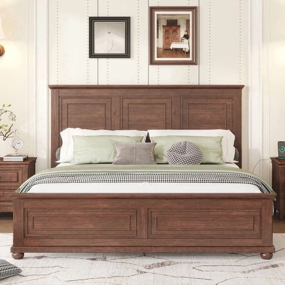 Mirightone King Size Farmhouse Bed Frame with Charging Station, Tall Headboard & Footboard, Solid Wood Platform Bed, No Box Spring Needed, Noise-Free,Walnut