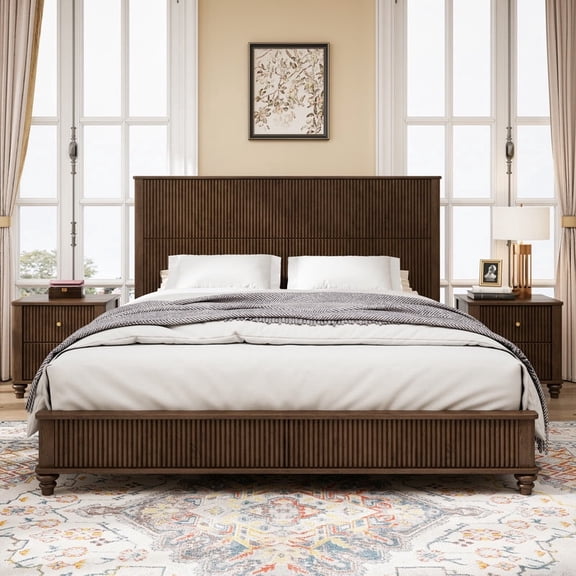 Mirightone King Solid Rubberwood Platform Bed Frame with Fluted Tall Headboard, Walnut Finish, No Box Spring Needed, Wooden Slat Support
