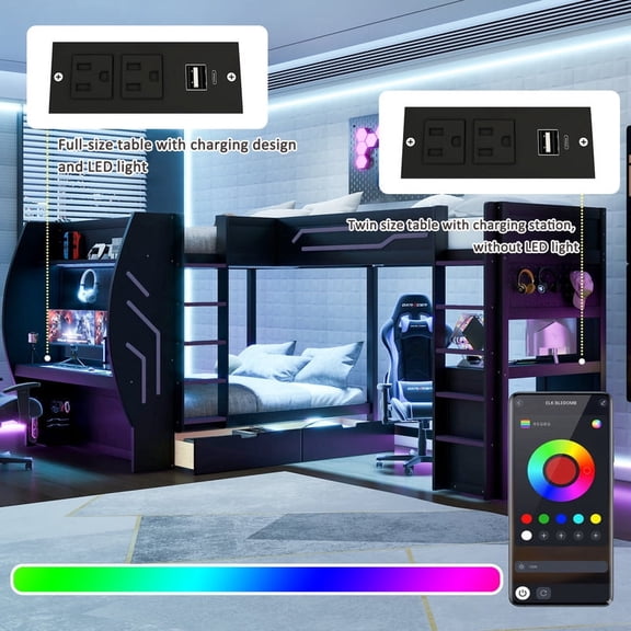 Mirightone L-Shaped Full over Full over Twin Gaming Bunk Bed with Desks and Storage, Gaming Triple Bunk Beds with LED & Charging for Adults Gamer, Black