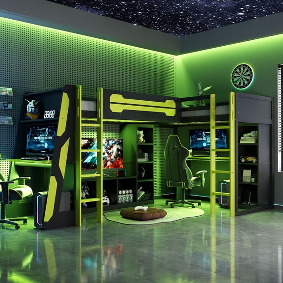 Mirightone L-Shaped Loft Bed for 2 with Desks, RGB LED Lights, Gaming Loft Bed with Charging Station, TV Stand & Storage Shelvs, Wood Loft Bed with Storage for Teens (Twin Size, Green)