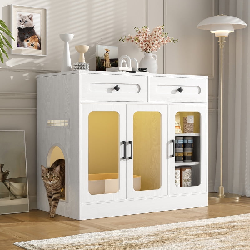 Mirightone Large Cat Litter Box Enclosure with LED Light and Glass Door, Hidden Kitty Litter Cabinet&nbsp;with Storage Drawer, Cat Box Enclosure Furniture for Living Room & Entryway, White